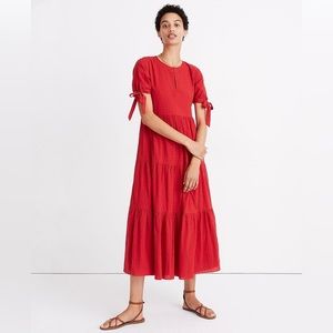 Madewell Tie-Sleeve Tiered Midi Dress in Swiss Dot